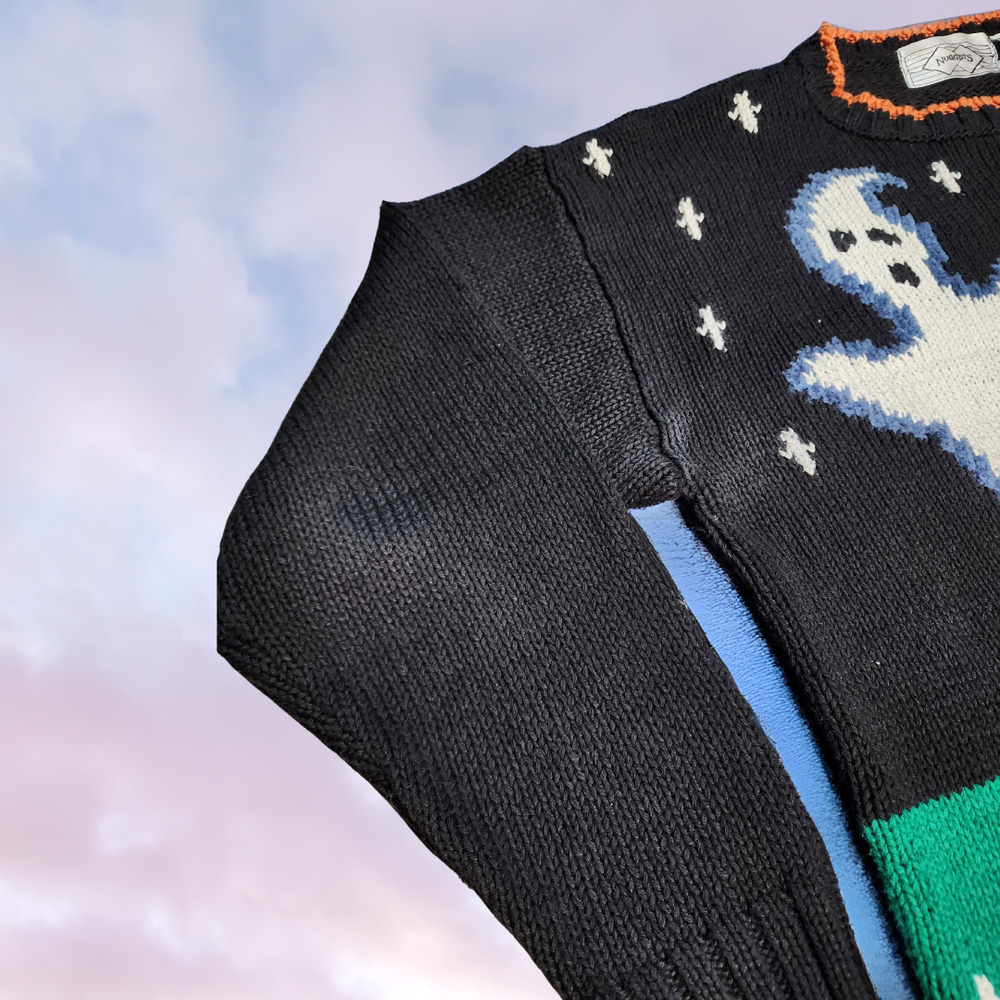 Vtg 90s Nuggets Black Orange Halloween Ghost Pumpkin Moon Chunky Knit Sweater M - Picture 2 of 4